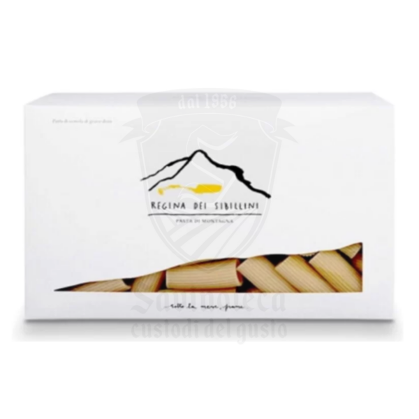 Confezione di pasta corta “Ceppi” bianca con sagoma montagnosa e finestra trasparente sulla pasta.