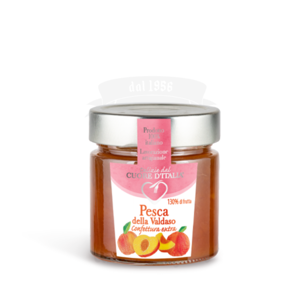 Vasetto Confettura Extra di Pesca della Valdaso Cuore d’Italia – 130% di frutta, prodotto artigianale marchigiano
