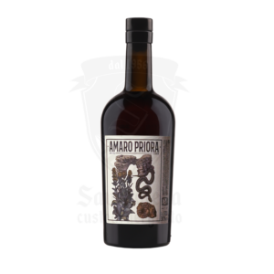 Bottiglia di Amaro Priora – Liquore artigianale da 70cl con etichetta botanica e simboli naturali