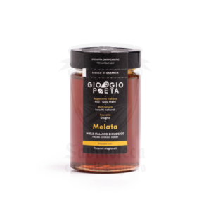 Vasetto di Miele di Melata Biologico Giorgio Poeta da 250g, miele italiano artigianale raccolto in Appennino, etichetta nera, colore scuro e denso.