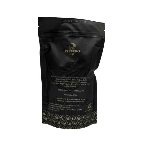 Confezione di caffè macinato Perfero 250g in sacchetto nero elegante, ideale per moka ed espresso